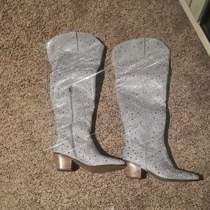 Silver Rhinestone Knee-High Boots